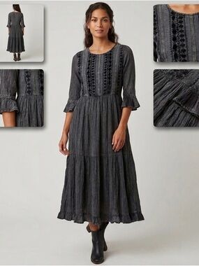 NWT Young Threads | Grey 
Tiered Midi Dress w/ Embroidery